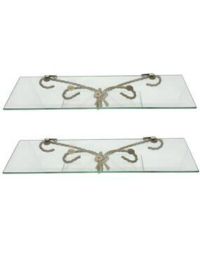 Set Of 2 Gold Metal and Glass Hanging Wall Shelves 18"L x 5"W Elegant Home Decor